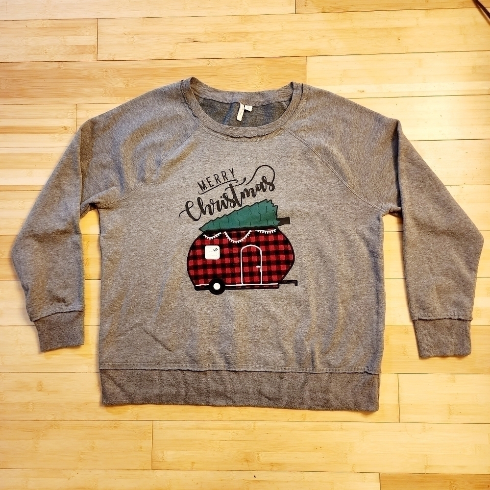 Cato Merry Christmas Sweatshirt Grey Women's XL Buffalo Plaid Trailer Holiday